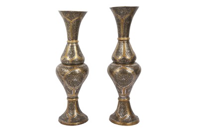Lot 217 - A PAIR OF SILVER-INLAID MAMLUK-REVIVAL DAMASCUS-WARE VASES