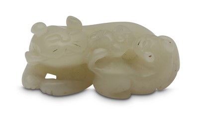 Lot 298 - A CHINESE WHITE JADE 'CATS' CARVING.