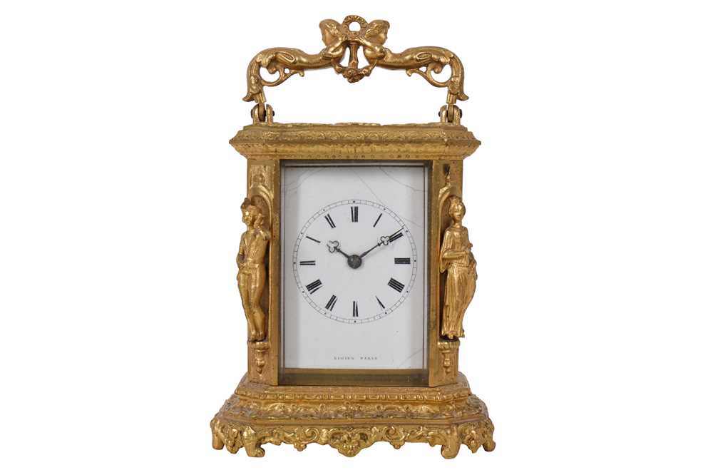 Lot 31 - A MID-19TH CENTURY FRENCH GILT BRASS STRIKING CARRIAGE CLOCK BY LUCIEN, PARIS