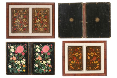 Lot 271 - THREE PAIRS OF LACQUERED PAPIER-MÂCHÉ BOOK BINDINGS WITH FLORAL MOTIVES