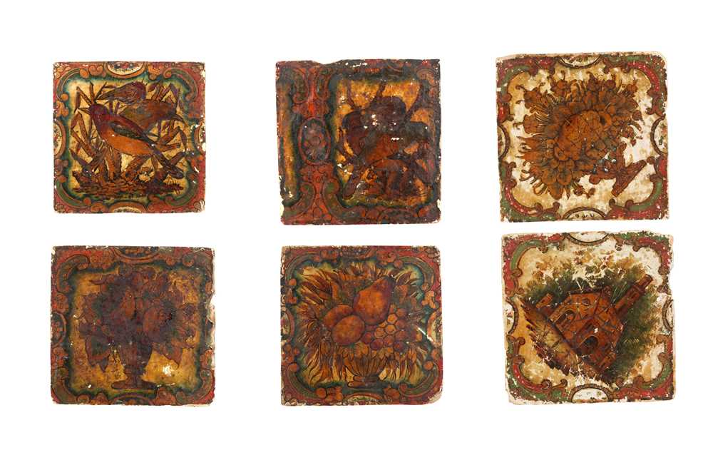 Lot 265 - SIX POLYCHROME-PAINTED, GILT AND VARNISHED POTTERY TILES