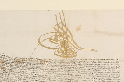 Lot 165 - A LARGE OTTOMAN FIRMAN ILLUMINATED WITH THE TUGHRA OF SULTAN SELIM III (r. 1789 - 1807)
