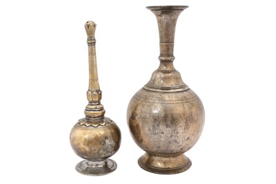 Lot 293 - AN INDIAN BRASS BOTTLE AND ROSEWATER SPRINKLER
