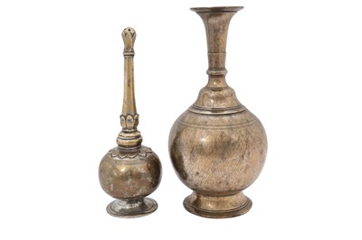 Lot 293 - AN INDIAN BRASS BOTTLE AND ROSEWATER SPRINKLER