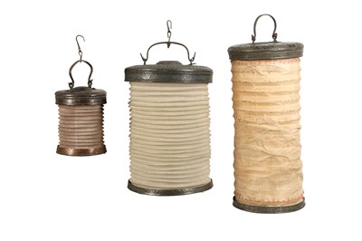 Lot 255 - THREE HANGING LANTERNS WITH OPENWORK TINNED COPPER TERMINALS