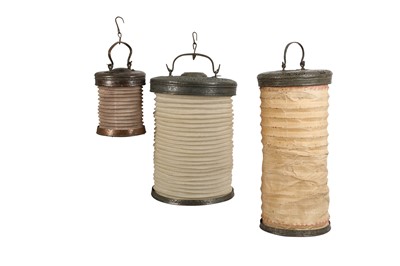 Lot 921 - THREE HANGING LANTERNS WITH OPENWORK TINNED COPPER TERMINALS