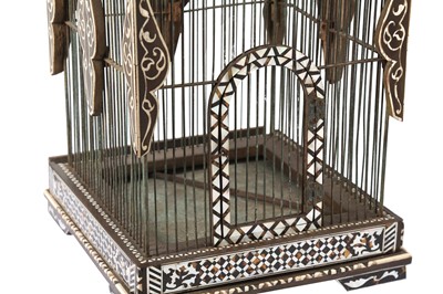 Lot 227 - λ A HARDWOOD MOTHER-OF-PEARL, TORTOISE SHELL AND IVORY-INLAID BIRDCAGE