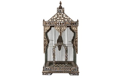 Lot 227 - λ A HARDWOOD MOTHER-OF-PEARL, TORTOISE SHELL AND IVORY-INLAID BIRDCAGE