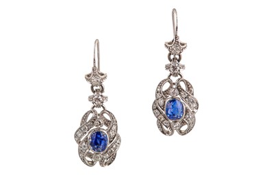 Lot 37 - A pair of sapphire and diamond pendent earrings
