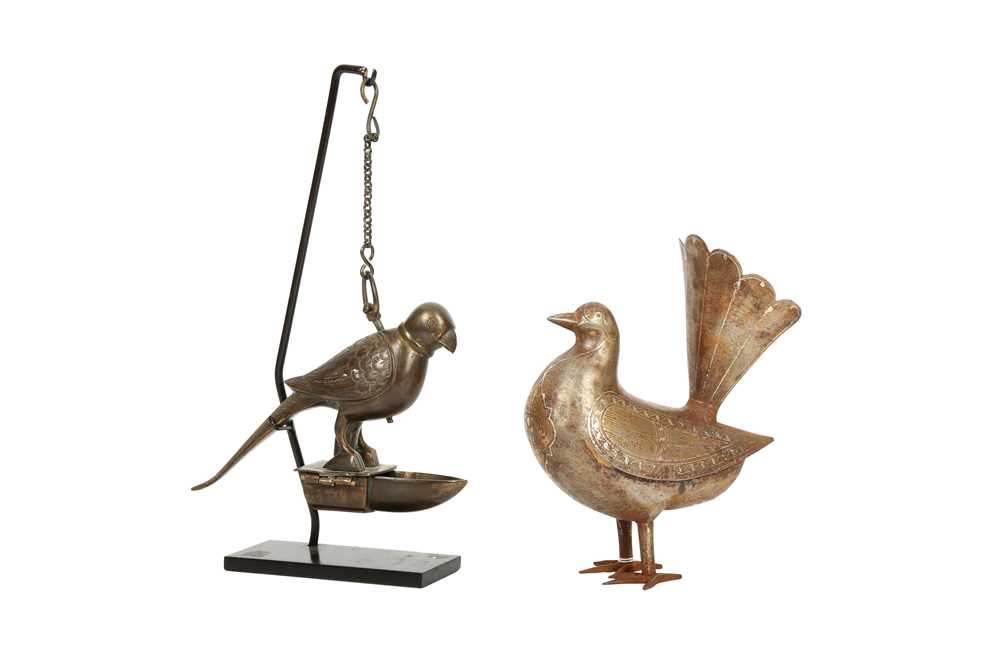 Lot 311 - A Hanging Parrot-shaped Bronze Incense Burner and an Ornamental Qajar Steel bird