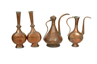 Lot 350 - A GROUP OF TINNED COPPER EWERS AND BOTTLES, IRAN AND NORTHERN INDIA, 18TH CENTURY AND LATER