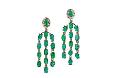 Lot 232 - A pair of emerald and diamond pendent earrings
