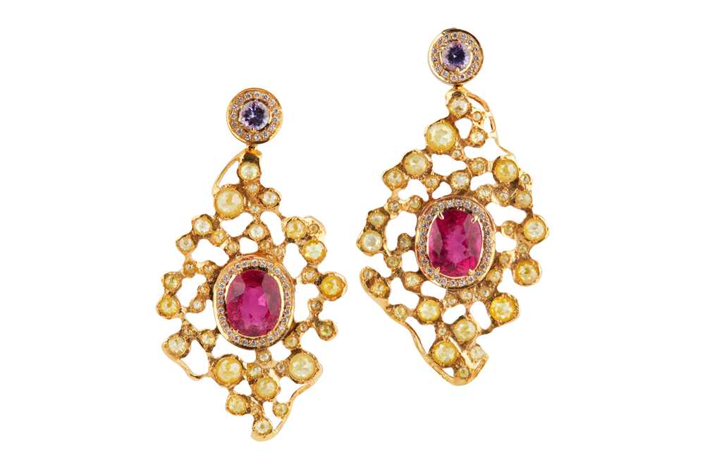 Lot 1279 - A pair of gem-set and diamond pendent earrings
