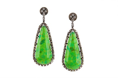 Lot 74 - A pair of treated green turquoise and diamond earrings