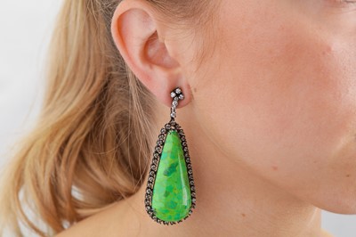 Lot 74 - A pair of treated green turquoise and diamond earrings
