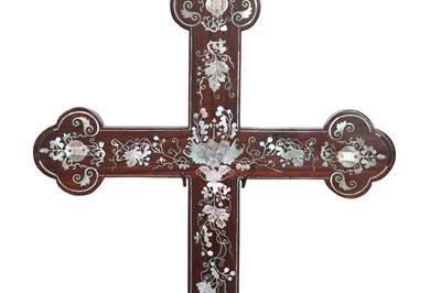Lot 895 - λ TWO ETHIOPIAN BRASS COPTIC CROSSES PATONCE AND A CHINESE MOTHER-OF-PEARL-INLAID ROSEWOOD CRUCIFIX