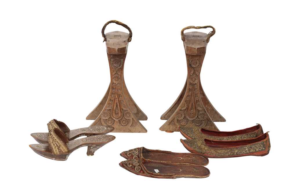 Lot 958 - THREE PAIRS OF METAL THREAD EMBROIDERED SHOES AND A PAIR OF TALL HAMMAM SLIPPERS