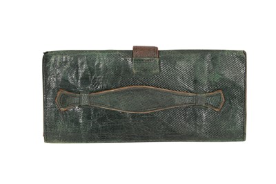 Lot 838 - A GREEN LEATHER WALLET WITH METAL THREAD EMBROIDERED TULIPS