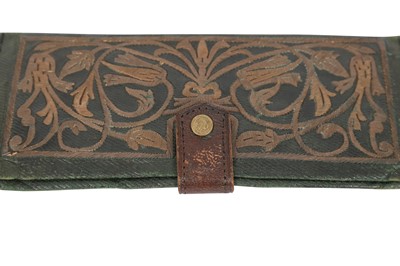 Lot 838 - A GREEN LEATHER WALLET WITH METAL THREAD EMBROIDERED TULIPS
