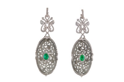 Lot 229 - A pair of grey jade, emerald and diamond earrings