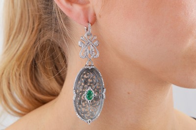 Lot 229 - A pair of grey jade, emerald and diamond earrings
