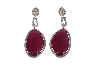 Lot 160 - A pair of glass filled ruby and diamond earrings