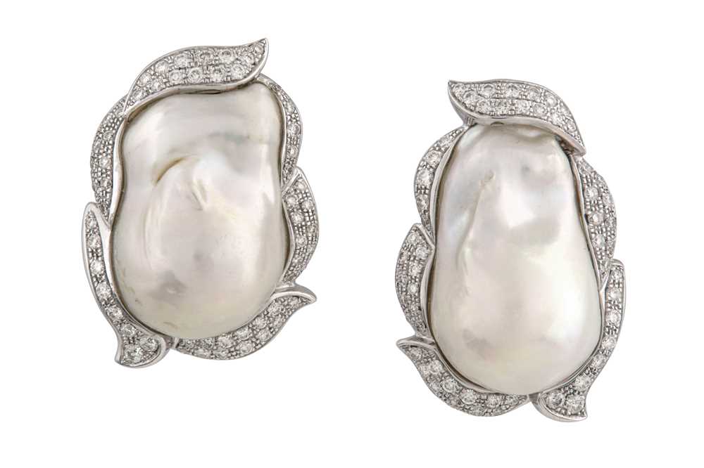 Lot 27 - A pair of cultured pearl and diamond earrings