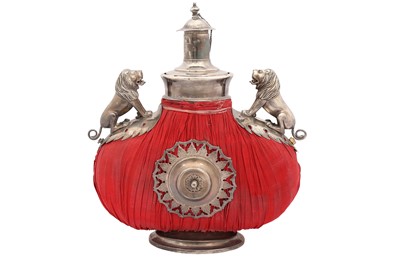 Lot 347 - A CEREMONIAL FLASK SURMOUNTED BY SILVER LIONS