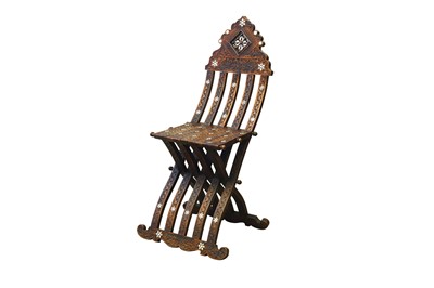 Lot 820 - λ A HARDWOOD BONE AND MOTHER-OF-PEARL-INLAID FOLDABLE CHAIR