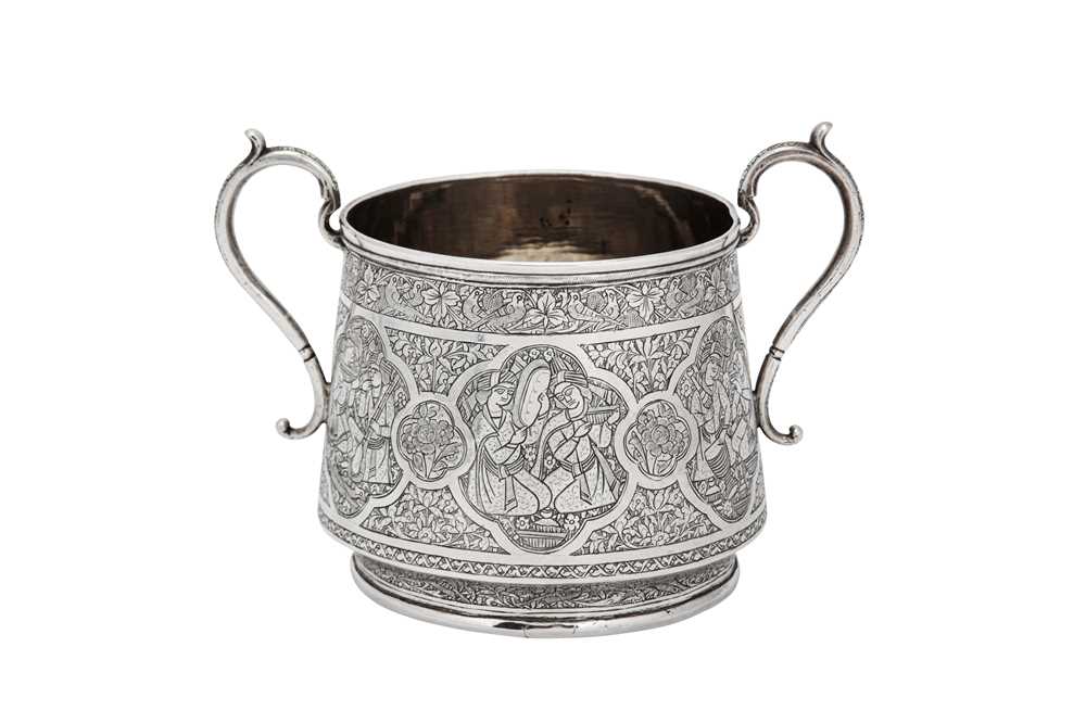 Lot 197 - An early 20th century Iranian (Persian) silver twin handled sugar bowl, Isfahan circa 1930 mark of Ja’far