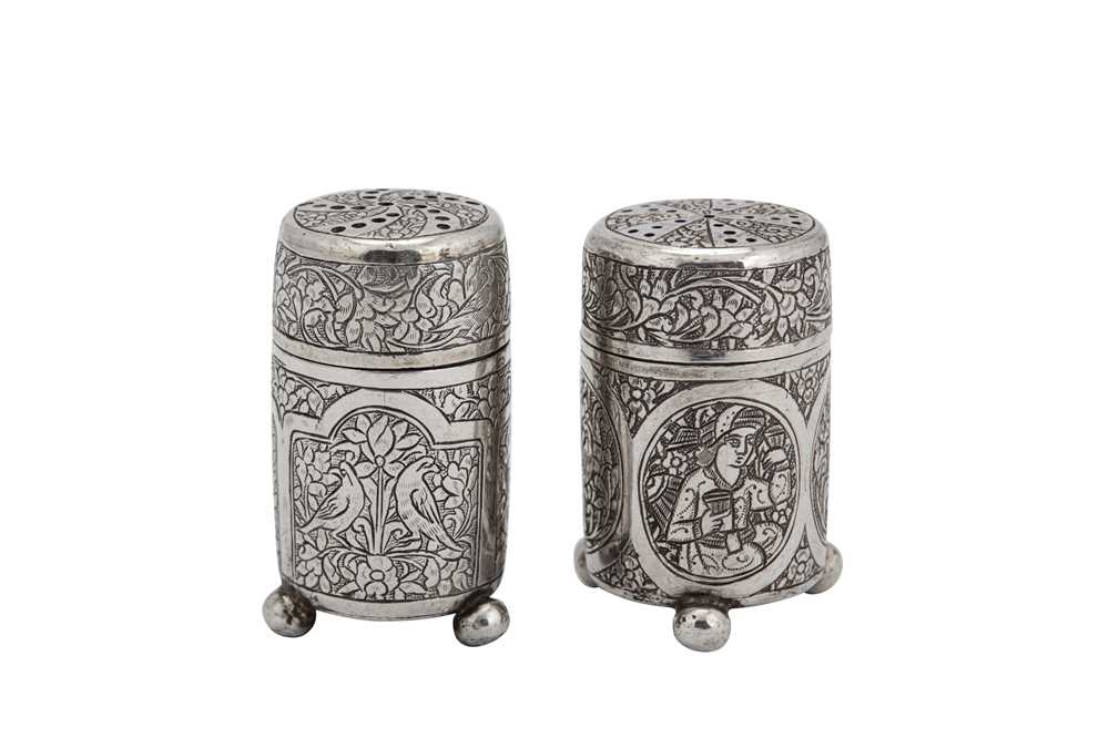 Lot 203 - Two early 20th century Iranian (Persian) silver pepper pots, Isfahan circa 1930 mark of Ja’far