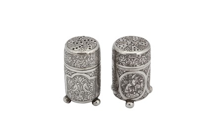 Lot 203 - Two early 20th century Iranian (Persian) silver pepper pots, Isfahan circa 1930 mark of Ja’far