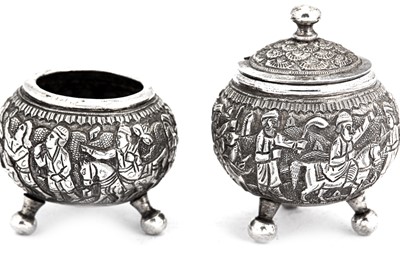 Lot 202 - An early 20th century Iranian (Persian) silver mustard pot and salt, Isfahan circa 1900 mark of Ja’far