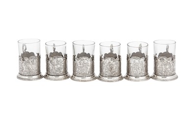 Lot 224 - A set of six early to mid-20th century Iranian (Persian) silver tea glass holders, Isfahan circa 1930-50, retailed by Martins of Tehran
