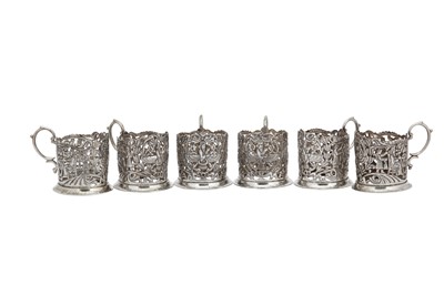 Lot 179 - A set of six early 20th century Iranian (Persian) silver tea glass holders, Shiraz circa 1930
