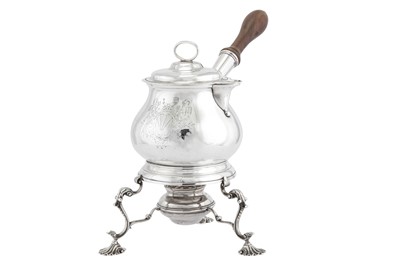 Lot 437 - A George III sterling silver brandy pan and cover on burner stand, London 1767 by William Grundy