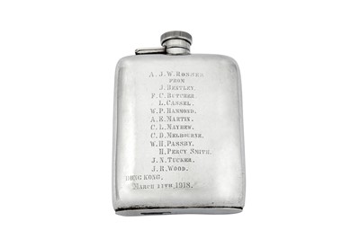 Lot 257 - Hong Kong interest – A George V sterling silver spirit hip flask, Birmingham 1916 by William Neale & Son Ltd