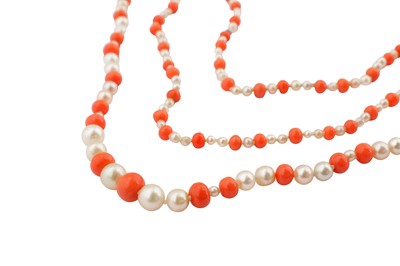 Lot 47 - λ A pearl and coral necklace, with a pink sapphire and diamond clasp