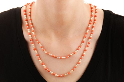 Lot 47 - λ A pearl and coral necklace, with a pink sapphire and diamond clasp