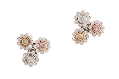 Lot 90 - A pair of gold multi-coloured diamond earrings