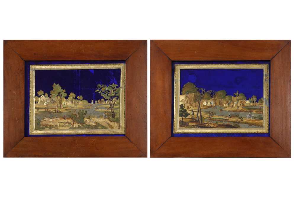 Lot 33 - ATTRIBUTED TO THOMAS COMPIGNE: A PAIR OF 18TH CENTURY  PEWTER, BRASS, GILT AND PAINTED LANDSCAPES