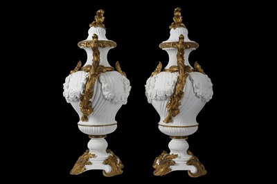 Lot 86 - A PAIR OF VERY LARGE 19TH CENTURY SÈVRES STYLE BISCUIT PORCELAIN VASE AND COVERS