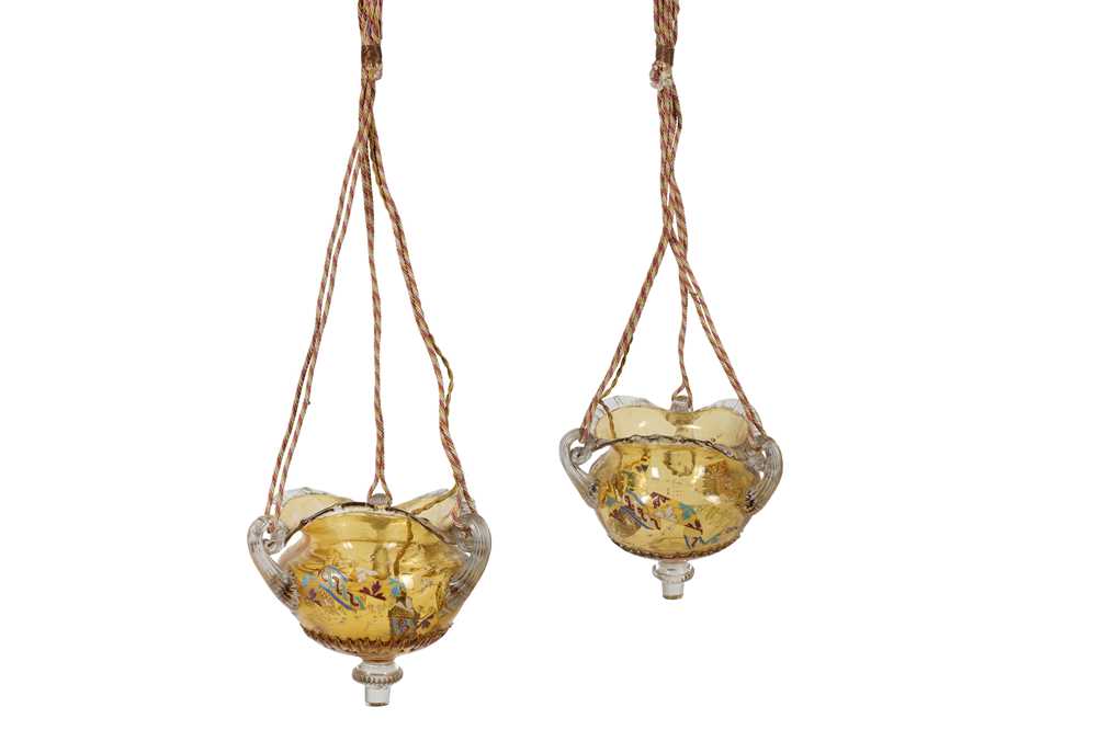 Lot 95 - PAIR OF LARGE LATE 19TH CENTURY FRENCH EMILE GALLE GILT AND ENAMELLED GLASS MOSQUE LAMPS