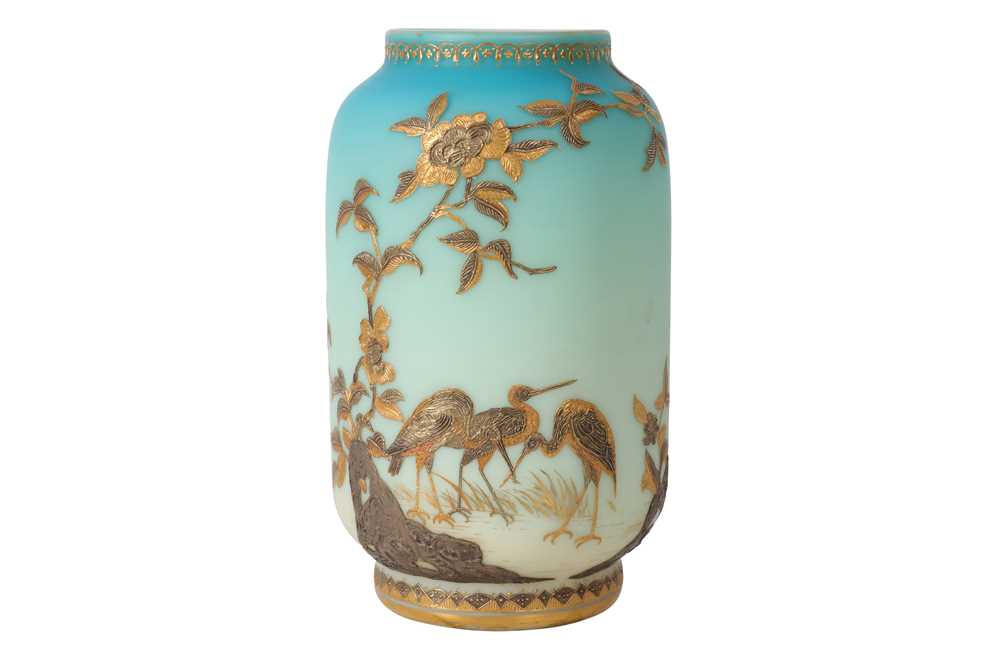 Lot 86 - A LATE 19TH CENTURY STOURBRIDGE GILT AND SILVERED TURQUOISE-BLUE OPALINE GLASS VASE