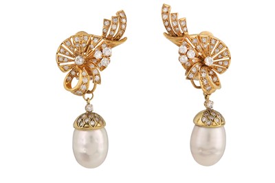 Lot 182 - A pair of cultured pearl and diamond pendent earrings