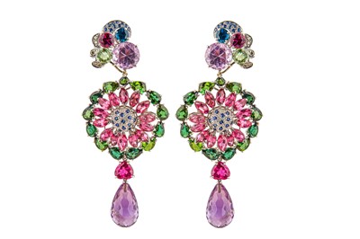 Lot 190 - A pair of multi-gem and diamond pendent earrings