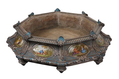 Lot 89 - A VERY LARGE LATE 19TH CENTURY FRENCH SILVER AND ENAMEL MOUNTED TURQUOISE GLAZED PORCELAIN OCTAGONAL JARDINIERE