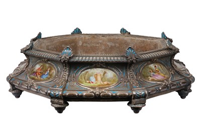 Lot 89 - A VERY LARGE LATE 19TH CENTURY FRENCH SILVER AND ENAMEL MOUNTED TURQUOISE GLAZED PORCELAIN OCTAGONAL JARDINIERE
