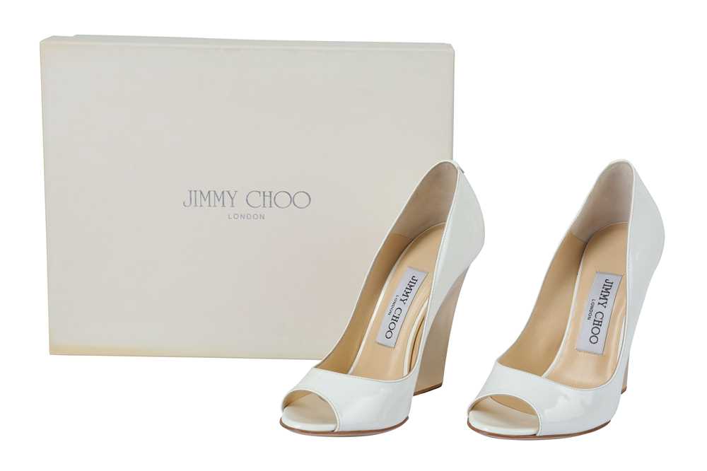 Lot 507 - Jimmy Choo White Biel Peep Toe Wedge - Size 35