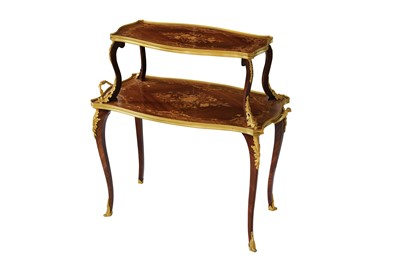 Lot 529 - A FRENCH GILT BRONZE MOUNTED KINGWOOD AND MARQUETRY INLAID TWO TIER ETAGERE, 20TH CENTURY